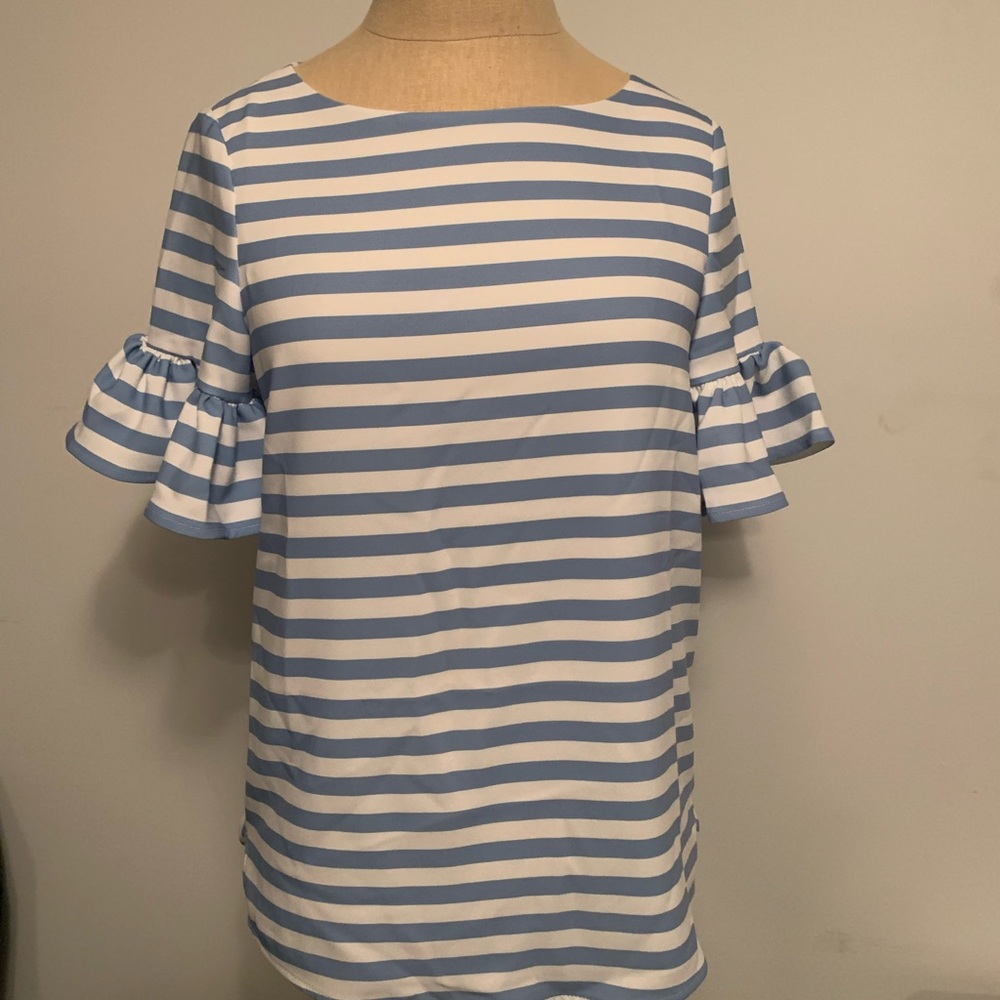 Blue stripe ruffle sleeve blouse